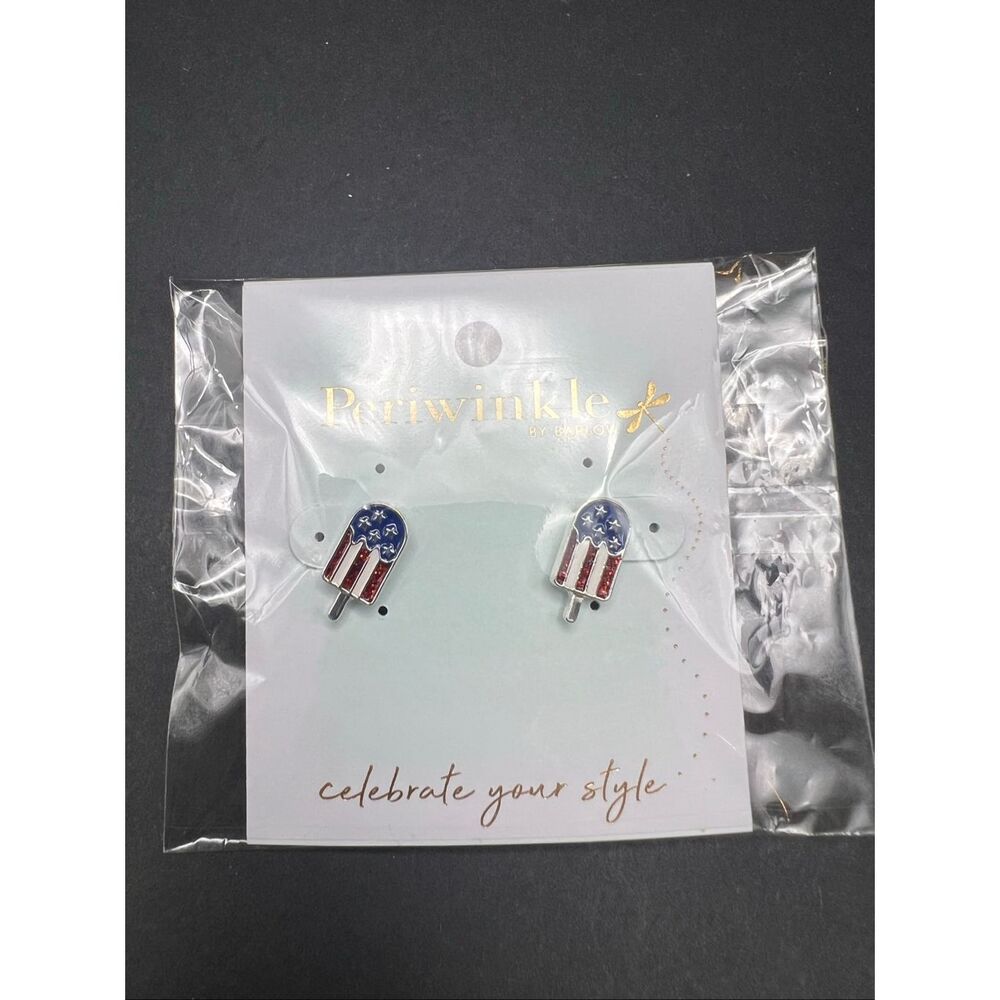 New! Periwinkle By Barlow Red White Blue Patriotic Rocket Popsicle Stud Earrings - Picture 2 of 5
